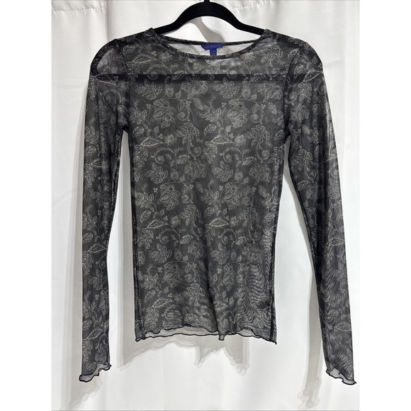 AERO Tops - VTG Aeropostale Black Sheer Mesh Lace Long Sleeve Floral Top Small Whimsigoth